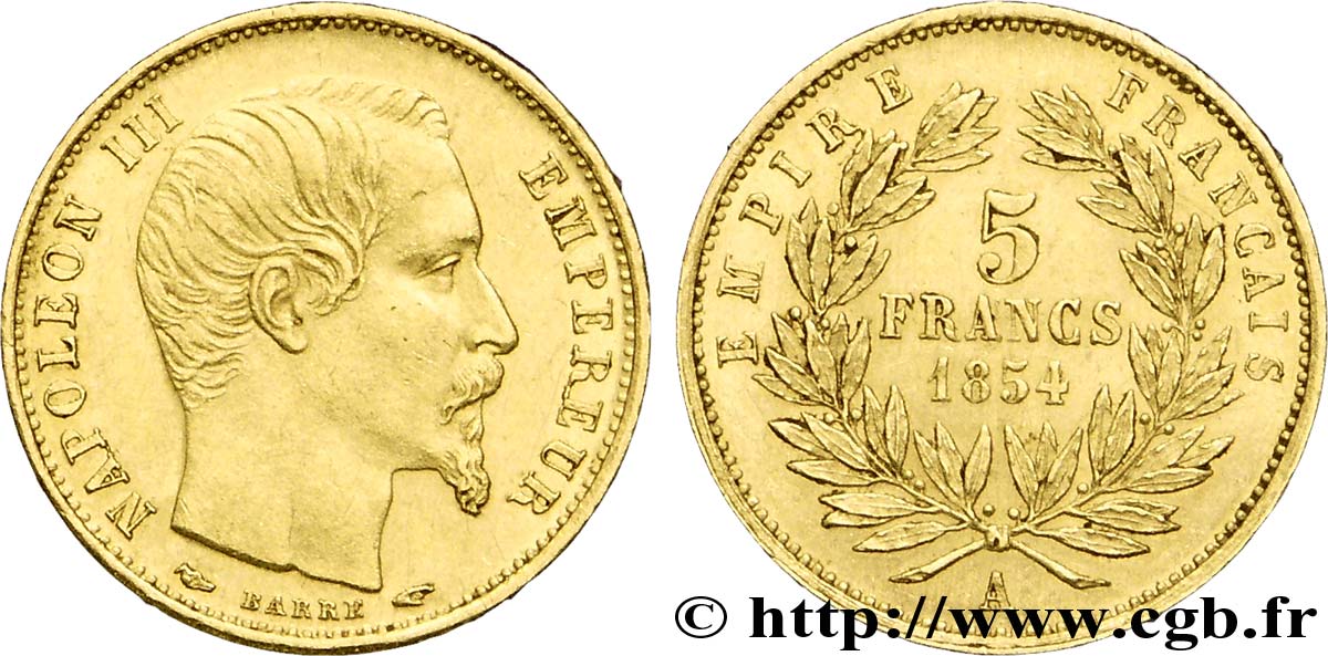 5 francs or Napoléon III, tête nue, petit module, tranche lisse 1854 Paris F.500/1 SS52 