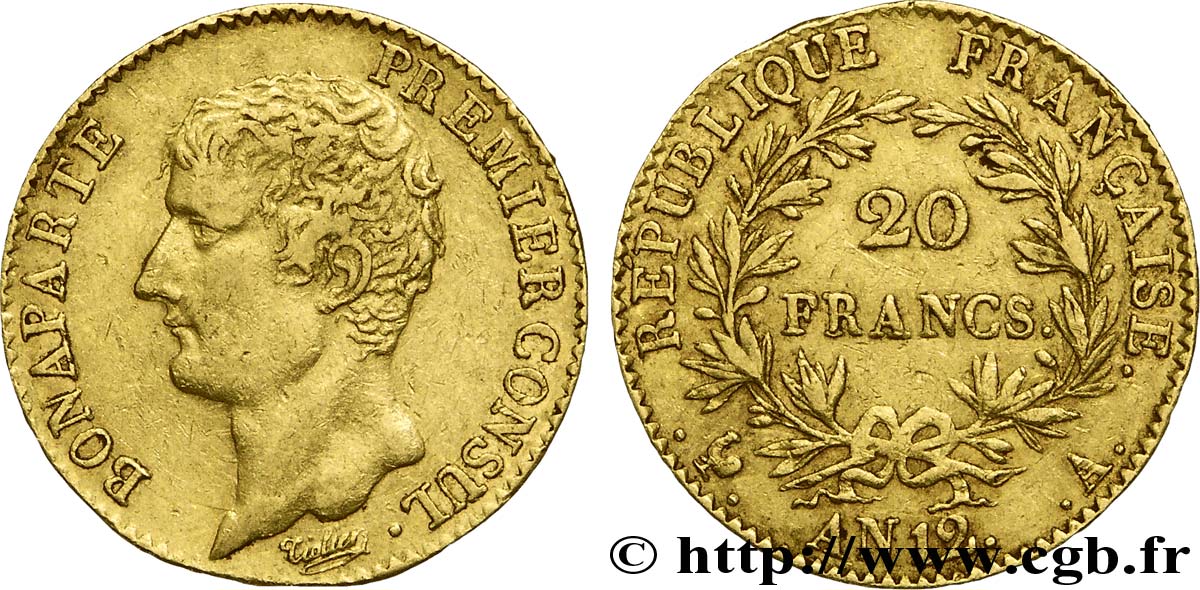 20 francs or Bonaparte Premier Consul 1804 Paris F.510/2 AU52 