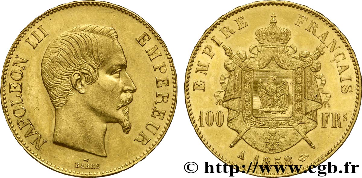 100 francs or Napoléon III, tête nue 1858 Paris F.550/5 AU50 