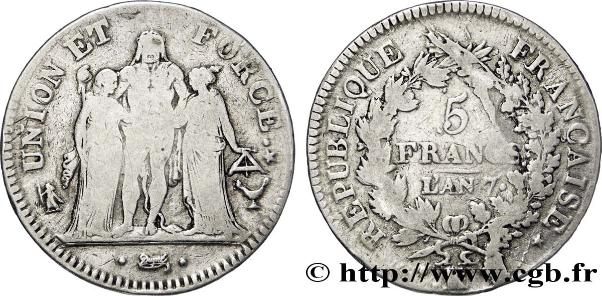 5 francs Union et Force, Union desserré, seulement gland extérieur, petite feuille 1799 Bordeaux F.291/25 MB23 