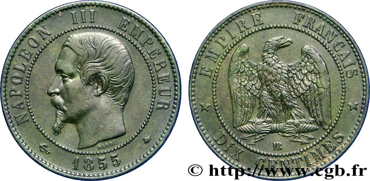 Dix centimes Napoléon III, tête nue, différent ancre 1855 Strasbourg F.133/24 TTB48 