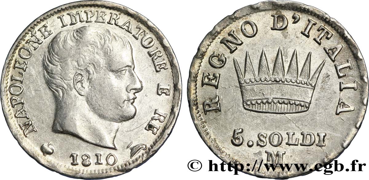 5 soldi Napoléon Empereur et Roi d’Italie 1810 Milan M.280  SUP58 