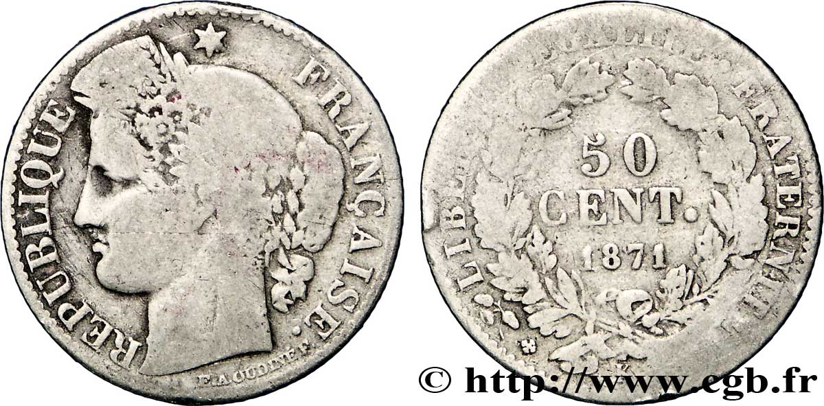50 centimes Cérès, IIIe République 1871 Bordeaux F.189/2 B10 