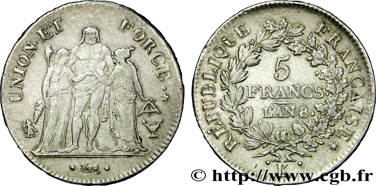 5 francs Union et Force, Union serré, avec glands intérieurs et gland extérieur 1800 Bordeaux F.288/133 XF45 