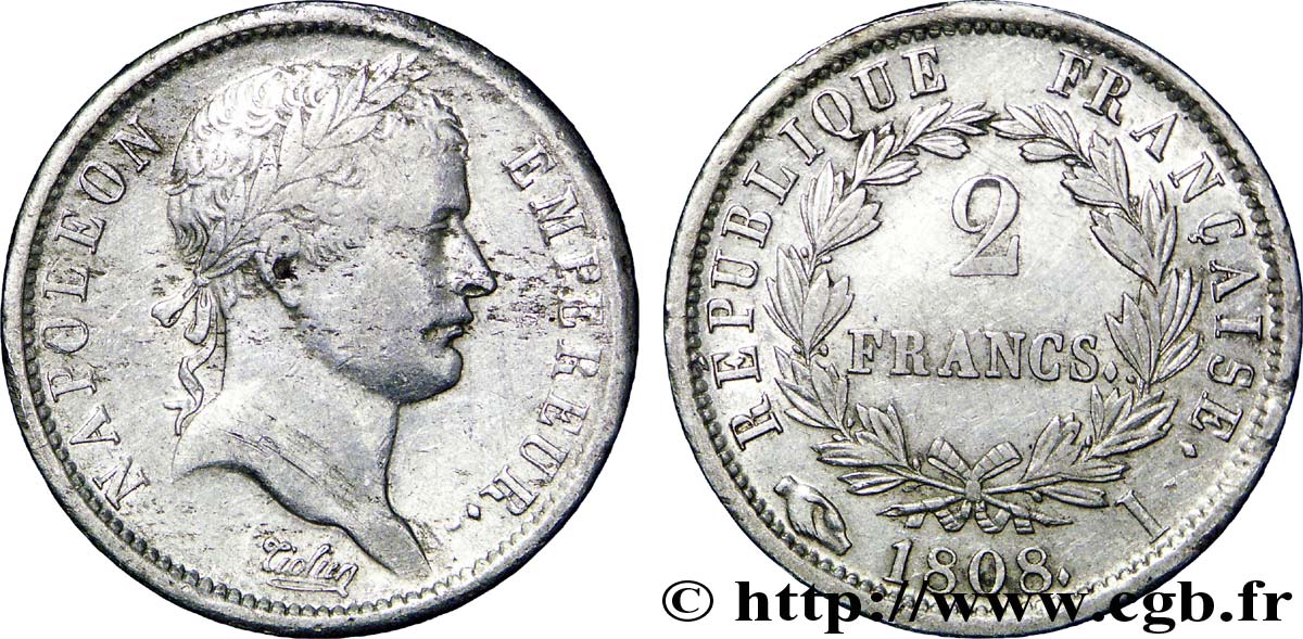 2 francs Napoléon Ier tête laurée, République française 1808 Limoges F.254/6 SS48 