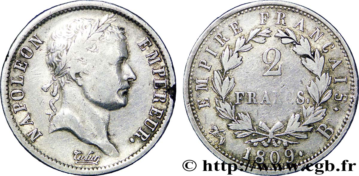 2 francs Napoléon Ier tête laurée, Empire français 1809 Rouen F.255/2 S18 