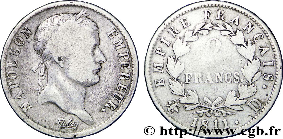 2 francs Napoléon Ier tête laurée, Empire français 1811 Lyon F.255/27 S15 