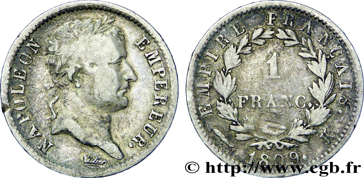 1 franc Napoléon Ier tête laurée, Empire français 1809 Bordeaux F.205/5 TB25 