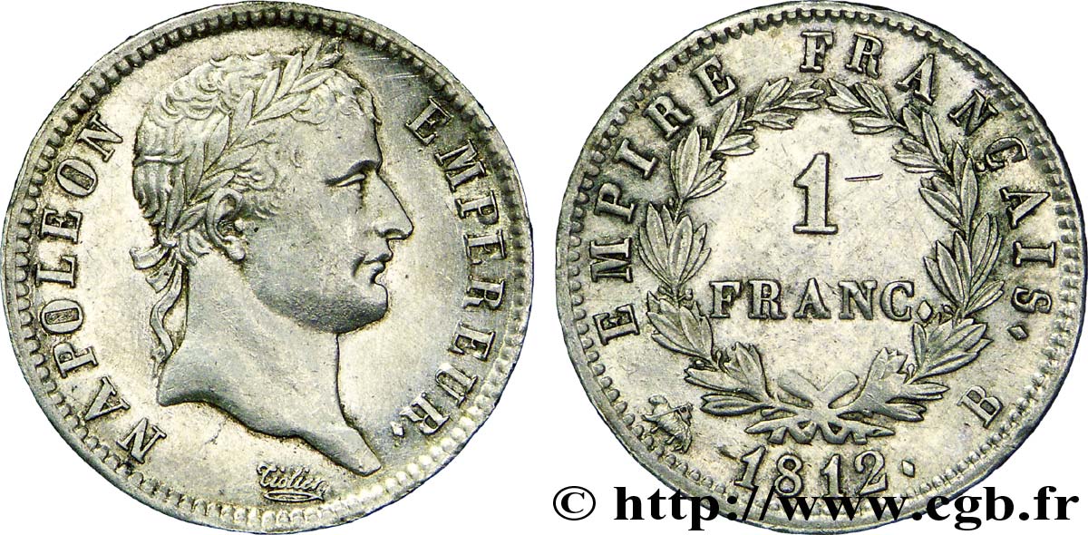 1 franc Napoléon Ier tête laurée, Empire français 1812 Rouen F.205/43 MBC52 