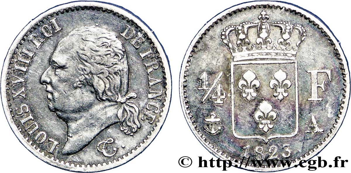 1/4 franc Louis XVIII  1823 Paris F.163/24 XF45 