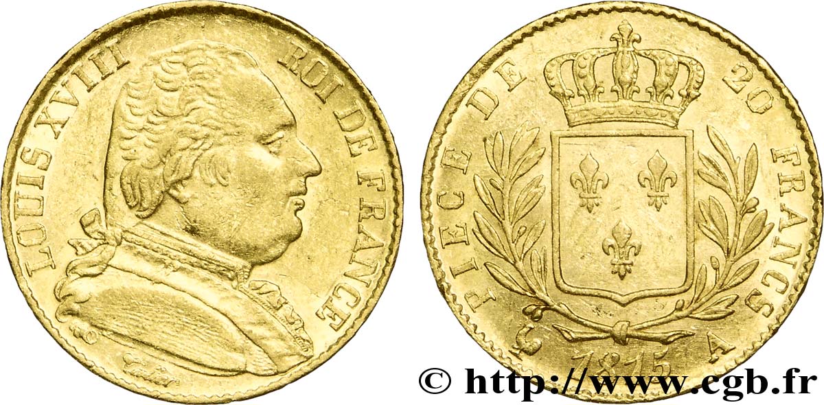 20 francs or Louis XVIII, buste habillé 1815 Paris F.517/10 SS50 