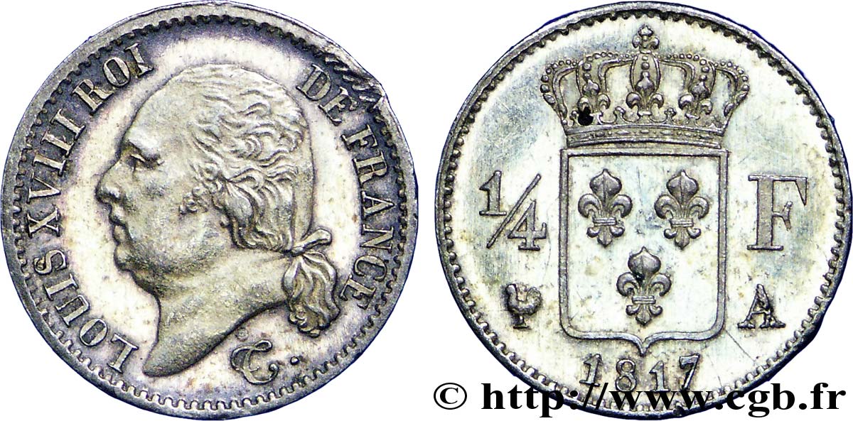 1/4 franc Louis XVIII  1817 Paris F.163/1 SUP55 
