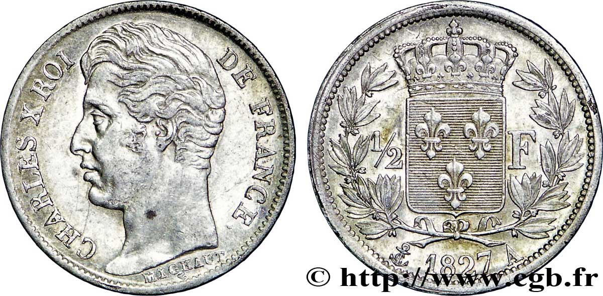 1/2 franc Charles X 1827 Paris F.180/13 AU50 