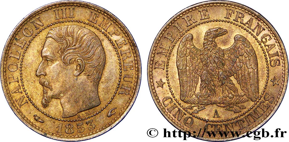 Cinq centimes Napoléon III, tête nue 1853 Paris F.116/1 SUP62 