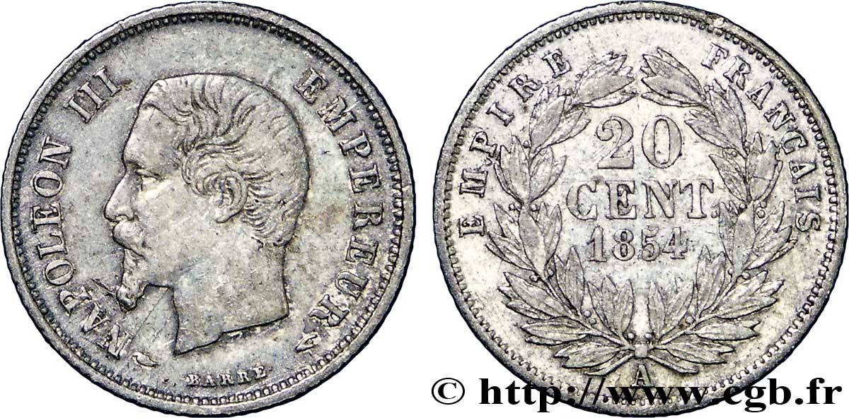 20 centimes Napoléon III, tête nue 1854 Paris F.148/2 TTB45 