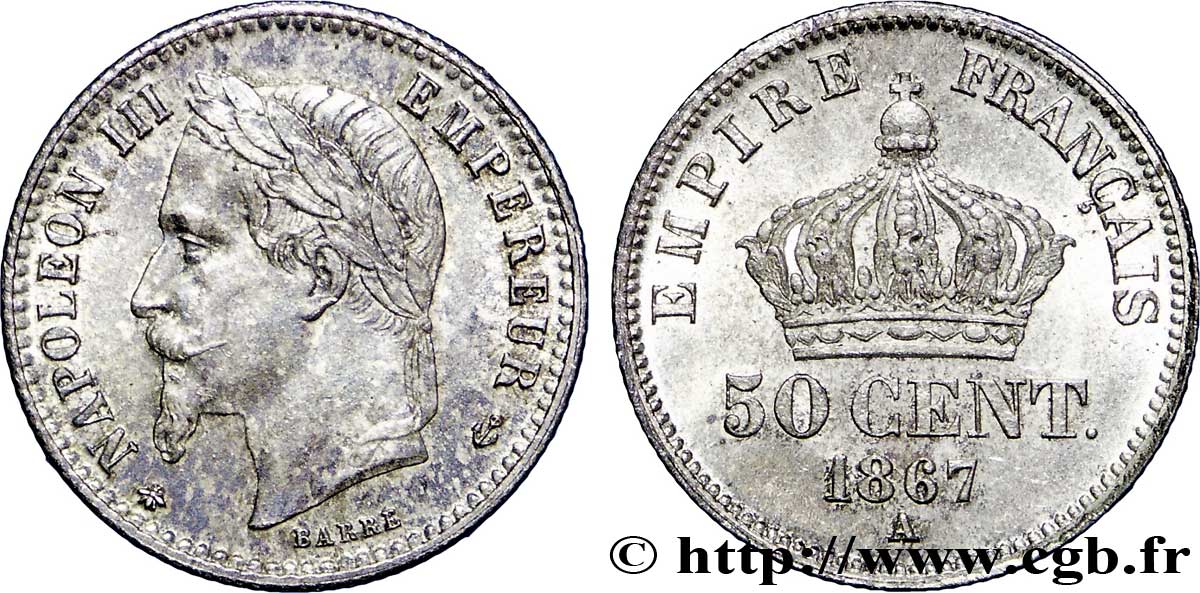 50 centimes Napoléon III, tête laurée 1867 Paris F.188/13 SUP60 