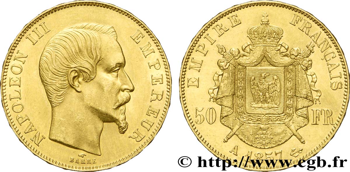 50 francs or Napoléon III, tête nue 1857 Paris F.547/4 AU58 