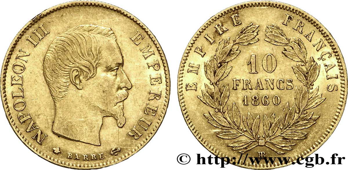 10 francs or Napoléon III, tête nue, grand module 1860 Strasbourg F.506/11 AU53 