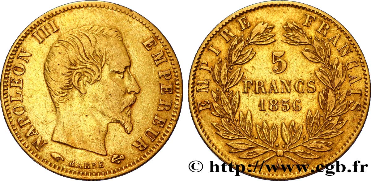 5 francs or Napoléon III, tête nue, grand module 1856 Paris F.501/2 TB35 