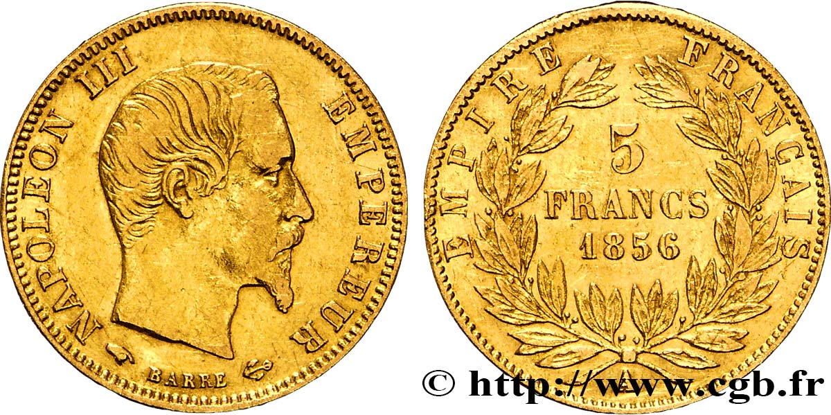 5 francs or Napoléon III, tête nue, grand module 1856 Paris F.501/2 MBC45 