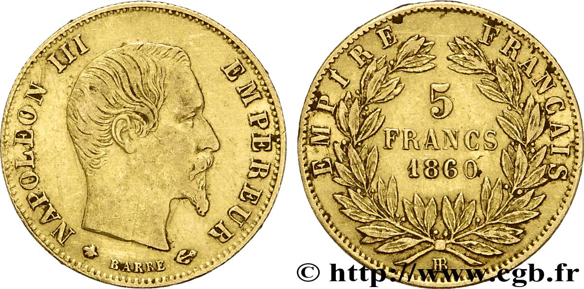 5 francs or Napoléon III, tête nue, grand module 1860 Strasbourg F.501/13 TTB45 