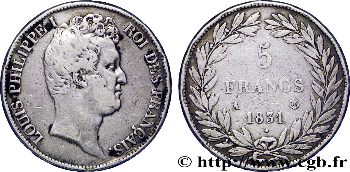 5 francs type Tiolier avec le I, tranche en creux 1831 Paris F.315/14 TB30 