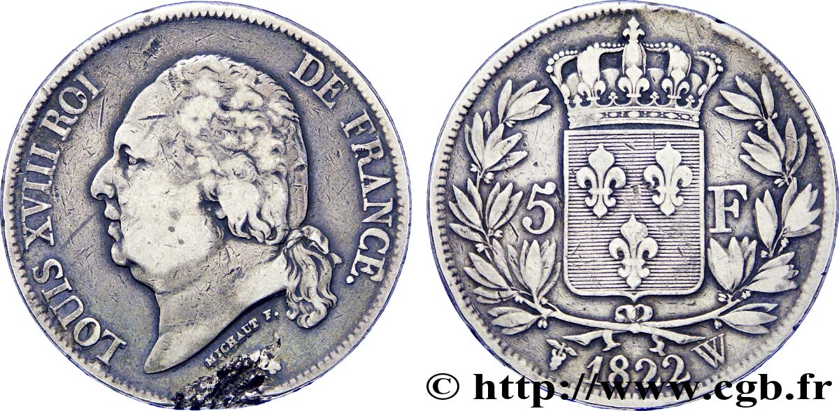5 francs Louis XVIII, tête nue 1822 Lille F.309/75 TB20 