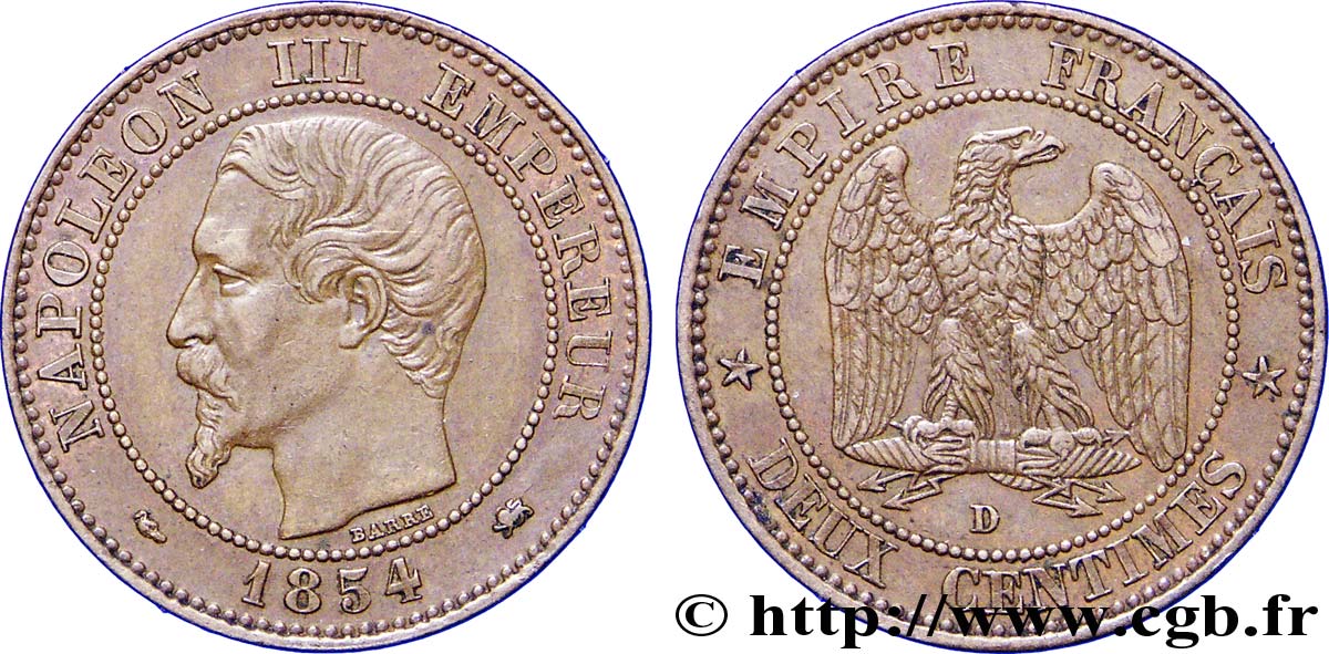 Deux centimes Napoléon III, tête nue, petit D et grand lion 1854 Lyon F.107/14 TTB48 
