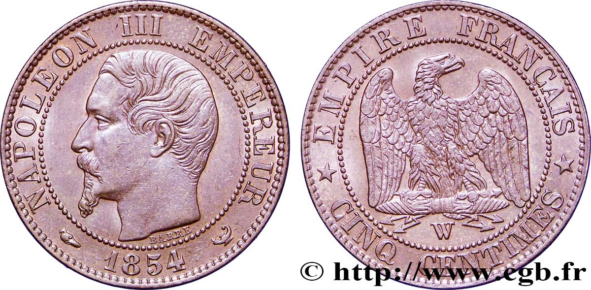Cinq centimes Napoléon III, tête nue 1854 Lille F.116/15 VZ60 