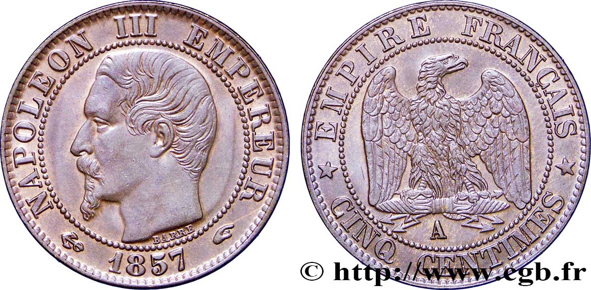 Cinq centimes Napoléon III, tête nue 1857 Paris F.116/37 AU58 