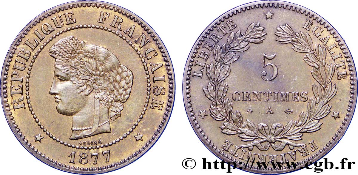 5 centimes Cérès 1877 Paris F.118/15 SPL58 
