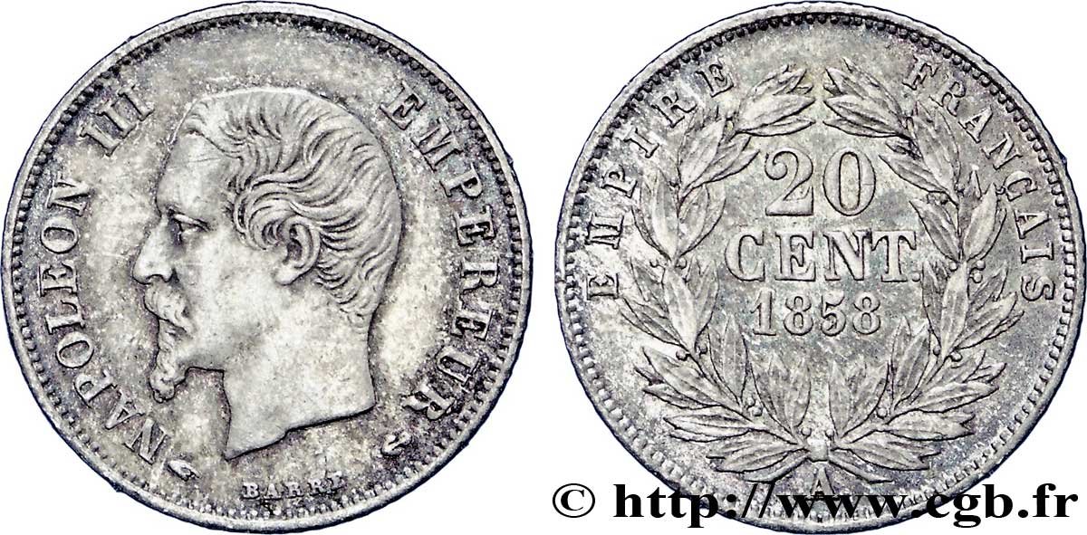 20 centimes Napoléon III, tête nue 1858 Paris F.148/10 AU58 