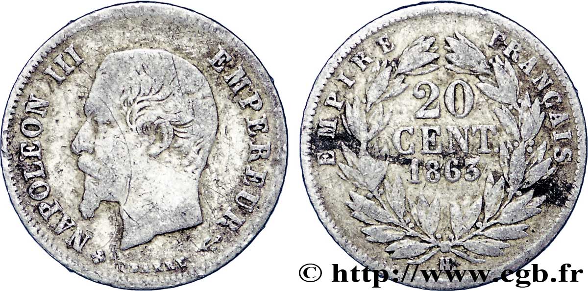 20 centimes Napoléon III, tête nue 1863 Strasbourg F.148/18 S20 