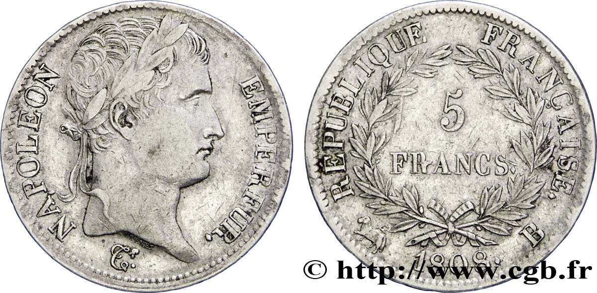 5 francs Napoléon Empereur, République française 1808 Rouen F.306/3 TTB48 