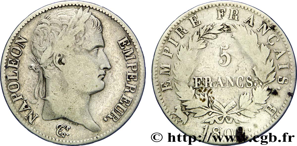 5 francs Napoléon Empereur, Empire français 1809 Rouen F.307/2 F12 