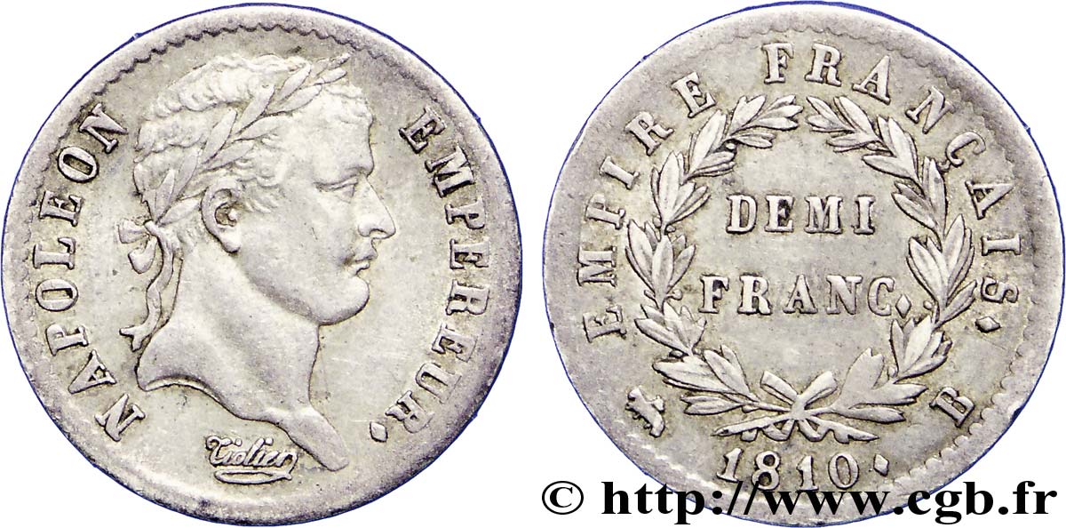 Demi-franc Napoléon Ier tête laurée, Empire français 1810 Rouen F.178/11 XF48 