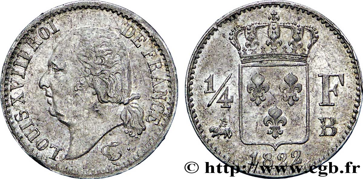 1/4 franc Louis XVIII 1822 Rouen F.163/22 TTB50 
