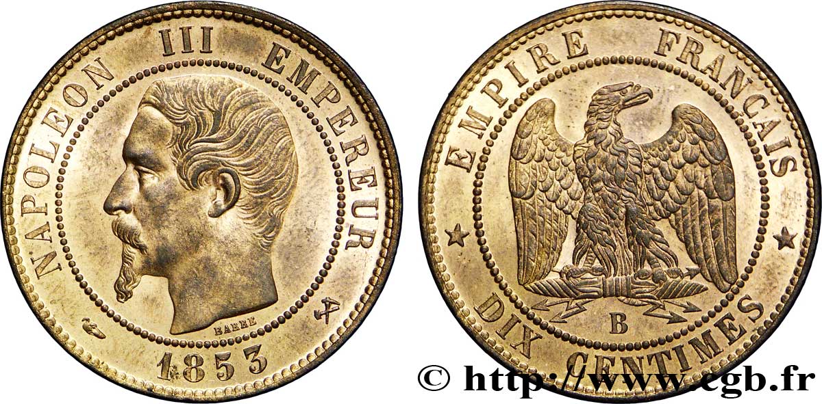 Dix centimes Napoléon III, tête nue 1853 Rouen F.133/3 SUP62 