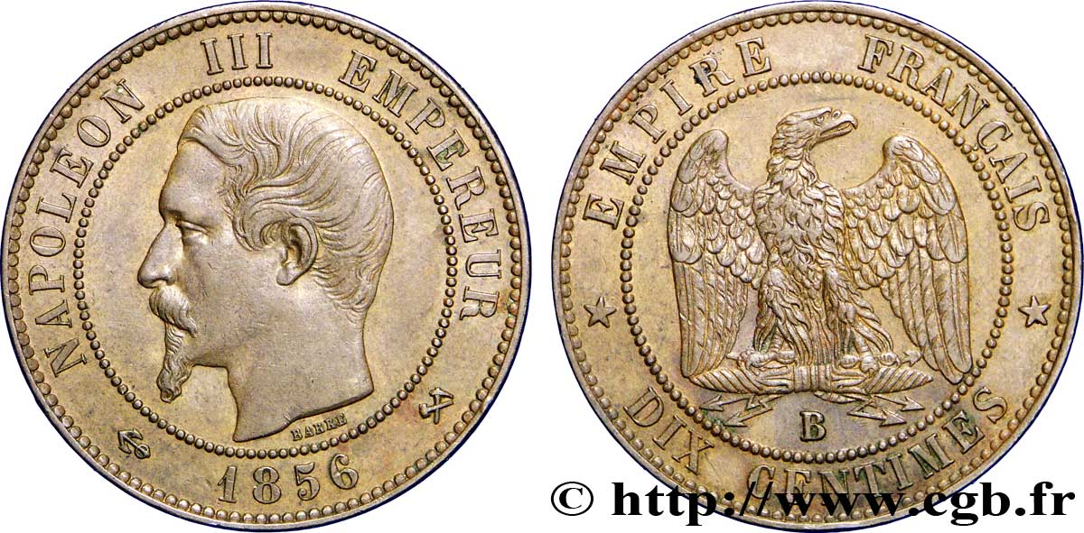 Dix centimes Napoléon III, tête nue 1856 Rouen F.133/35 TTB53 