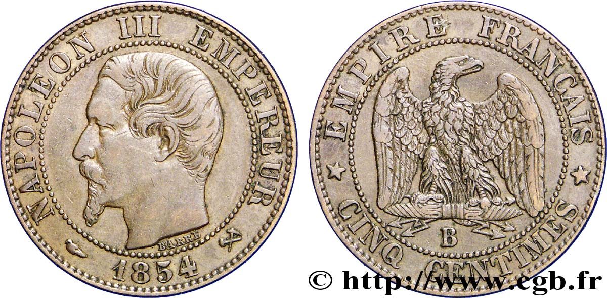 Cinq centimes Napoléon III, tête nue 1854 Rouen F.116/9 XF45 