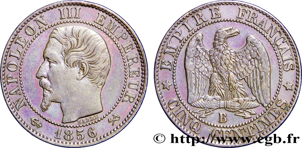 Cinq centimes Napoléon III, tête nue 1856 Rouen F.116/31 AU50 