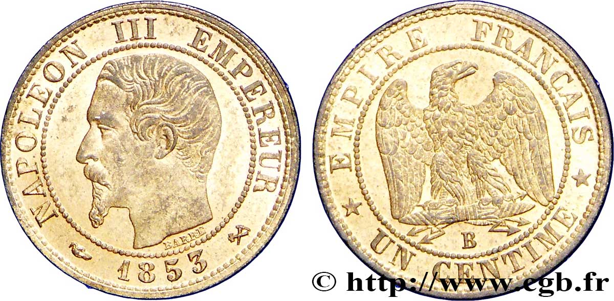 Un centime Napoléon III, tête nue 1853 Rouen F.102/2 SUP58 