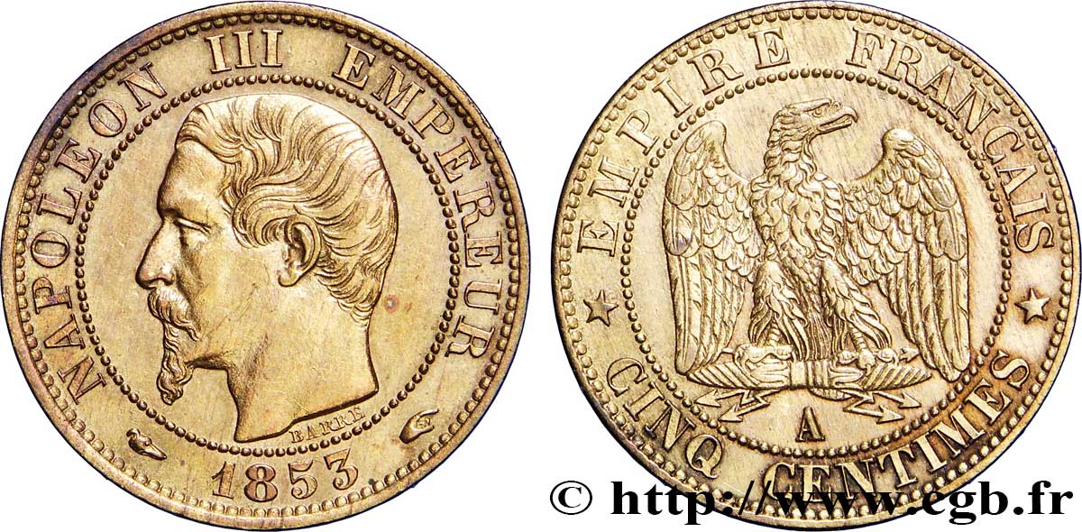 Cinq centimes Napoléon III, tête nue 1853 Paris F.116/1 TTB50 