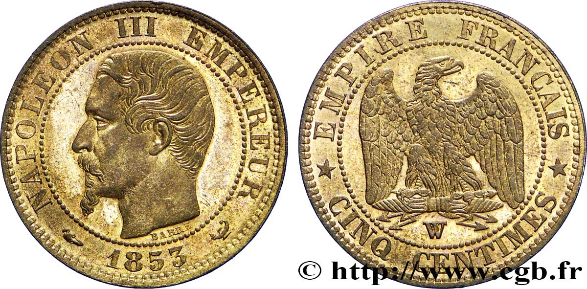 Cinq centimes Napoléon III, tête nue 1853 Lille F.116/7 EBC62 