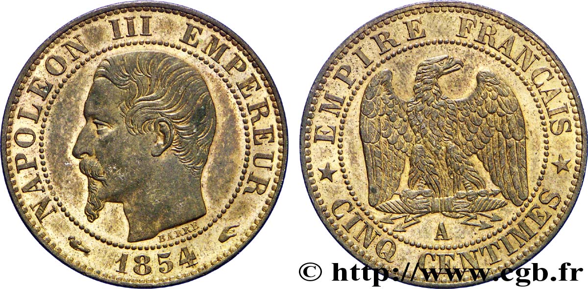 Cinq centimes Napoléon III, tête nue 1854 Paris F.116/8 SUP58 