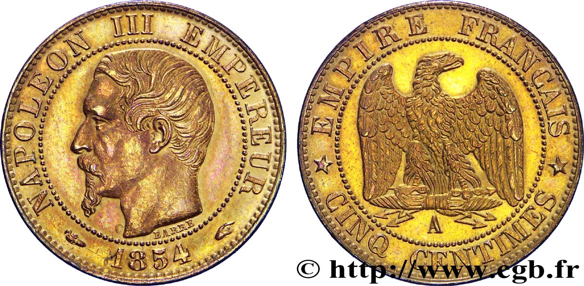 Cinq centimes Napoléon III, tête nue 1854 Paris F.116/8 SS50 