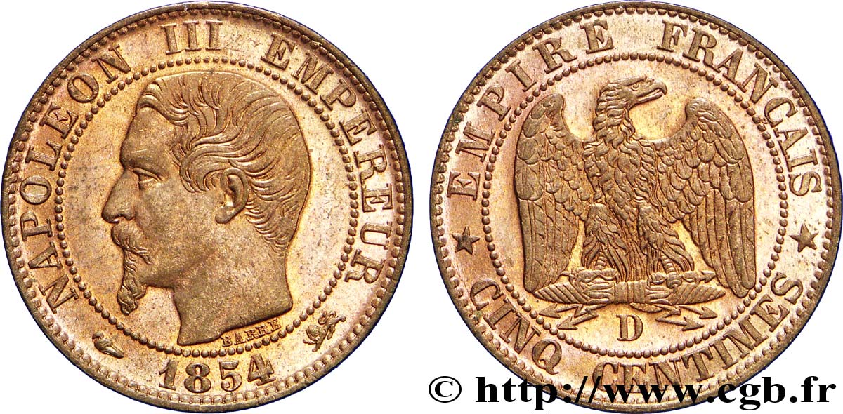 Cinq centimes Napoléon III, tête nue 1854 Lyon F.116/12 MS63 