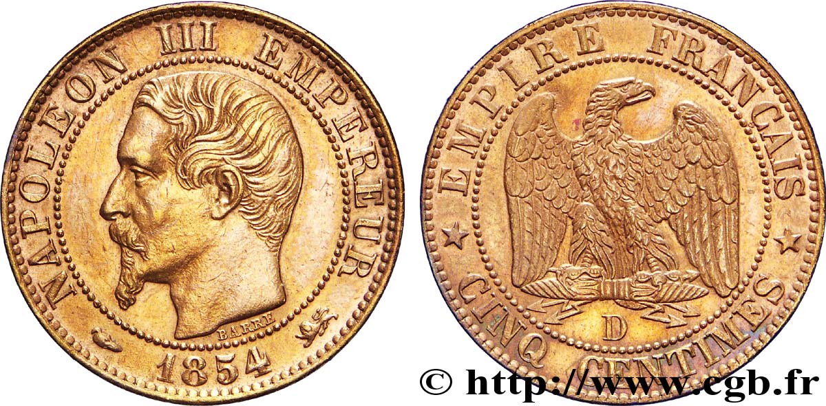 Cinq centimes Napoléon III, tête nue 1854 Lyon F.116/12 TTB50 