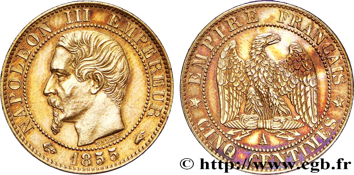 Cinq centimes Napoléon III, tête nue 1855 Paris F.116/17 VZ 