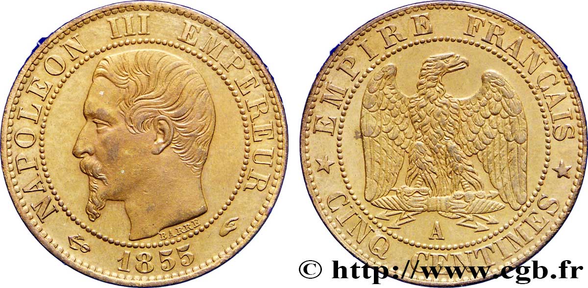 Cinq centimes Napoléon III, tête nue 1855 Paris F.116/17 MBC50 
